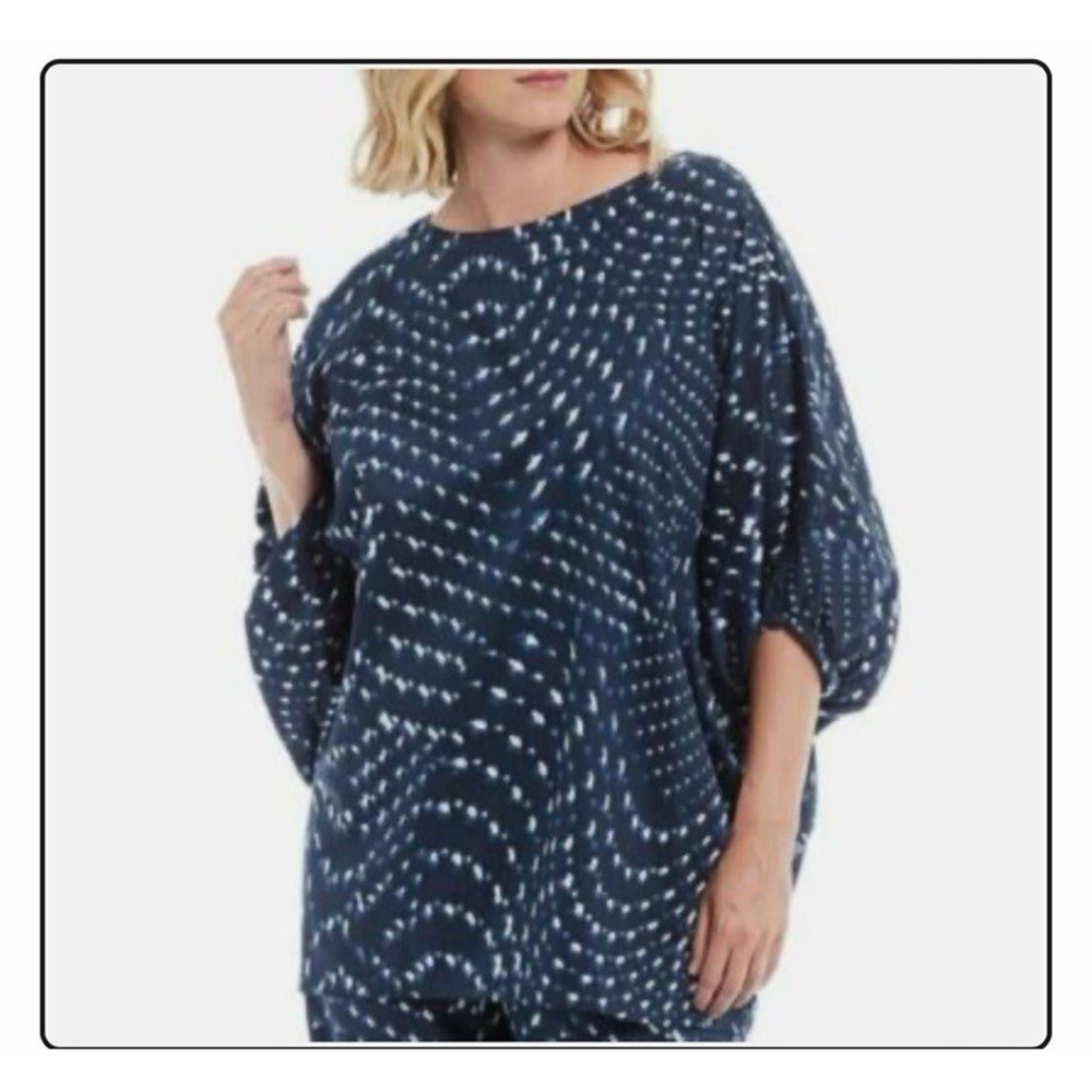 Bryn Walker Women's Medium Navy Blue Shibori Print Linen Boxy Top Made in USA